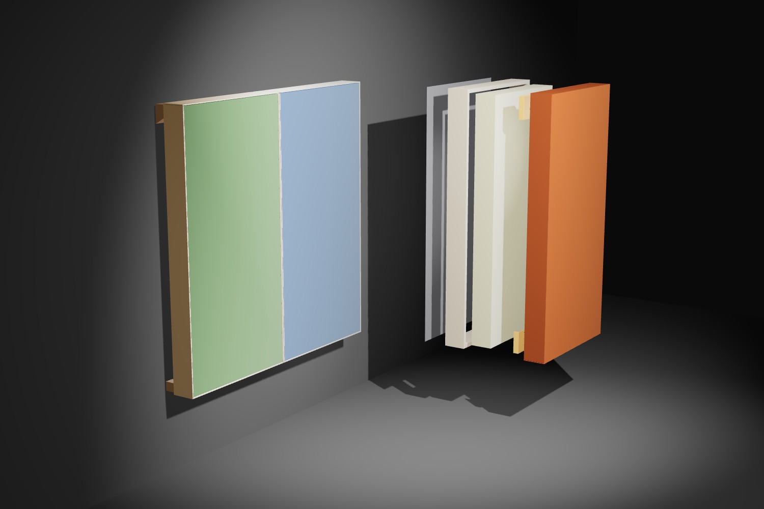 Absorber panels on a wall, one opened
